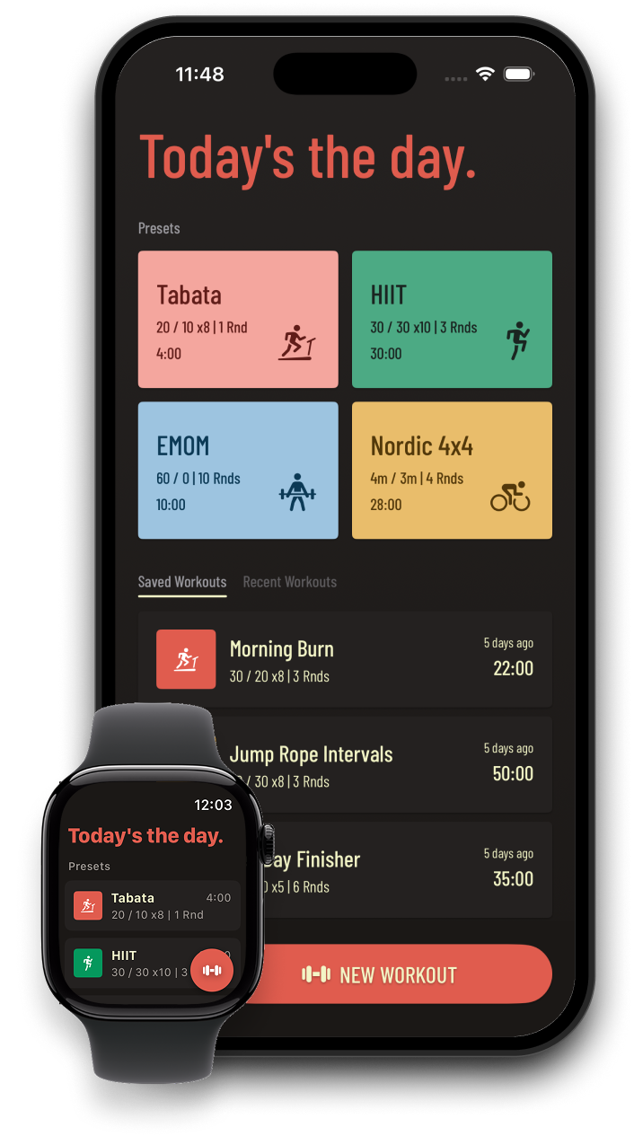 Ntrvl home screen showing saved workouts and presets