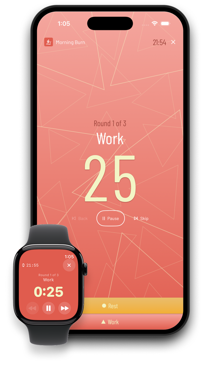 Active workout screen with full-screen phase color and countdown timer