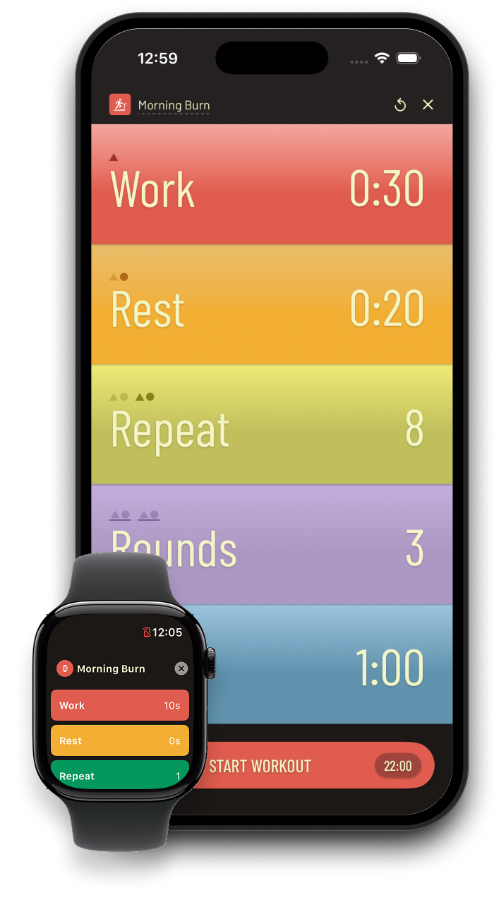 Setup screen with draggable tiles for work, rest, intervals, rounds, and break